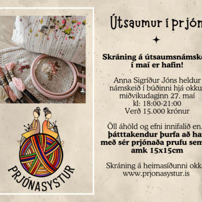 Útsaumsnámskeið miðvikudag 27.maí